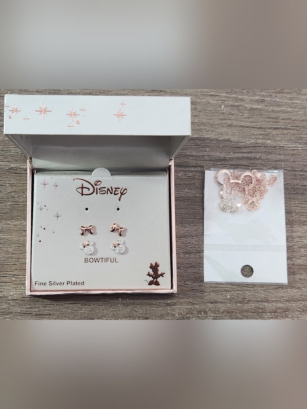 Disney Silver Plated Rose Gold Minnie Mouse Earring Box Set & Necklace